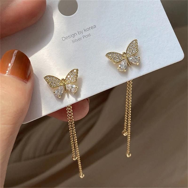 Trendy Long Tassel Butterfly Drop Earrings Gold Color