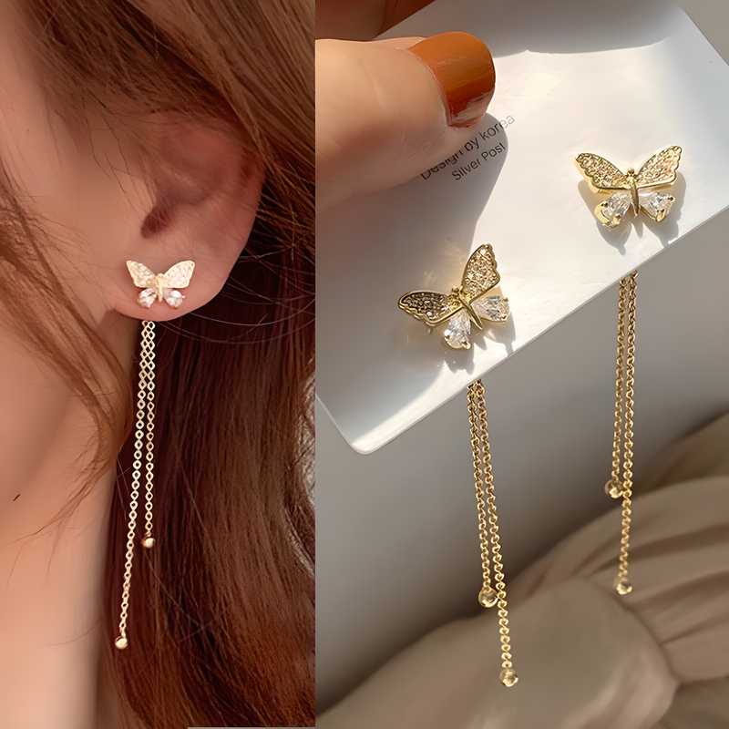 Trendy Long Tassel Butterfly Drop Earrings Gold Color